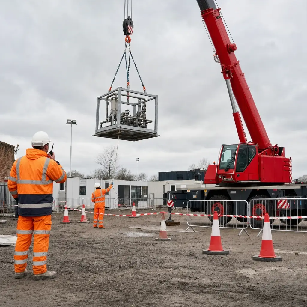 Red mobile crane carrying out a controlled lift with the lift team following the plan.