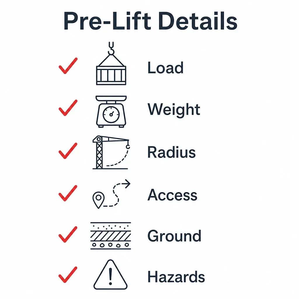 Checklist graphic of details customers should provide before a lift.