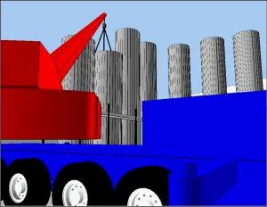 Red crane truck beside upright gray cylindrical pillars on a blue platform