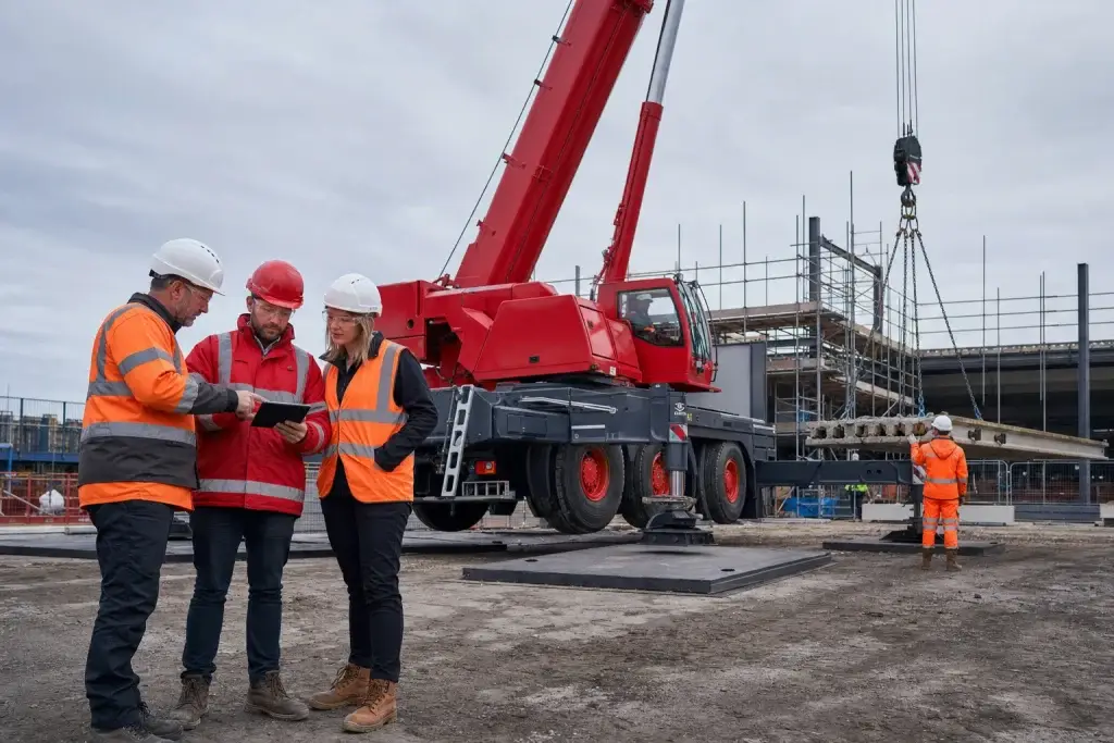 Red mobile crane set up for a contract lift while the lift team reviews the plan.