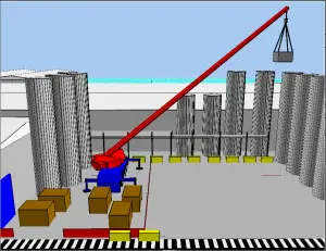 Red crane lifting a load at a construction site with concrete columns and barriers