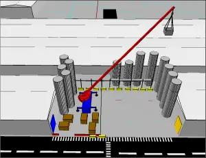 3D site plan with a red crane beside a building and stacks of gray cylindrical columns