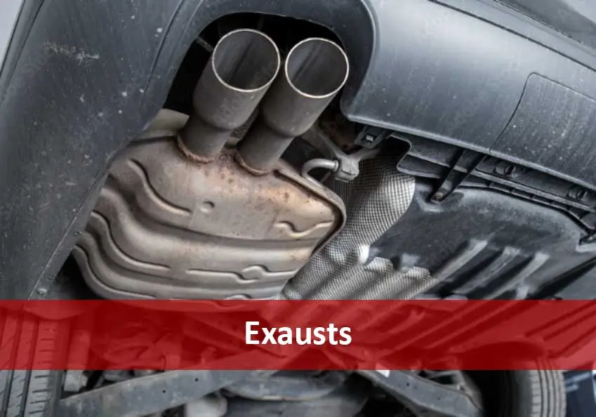 Underside of a vehicle with twin exhaust pipes and a red banner reading Exausts